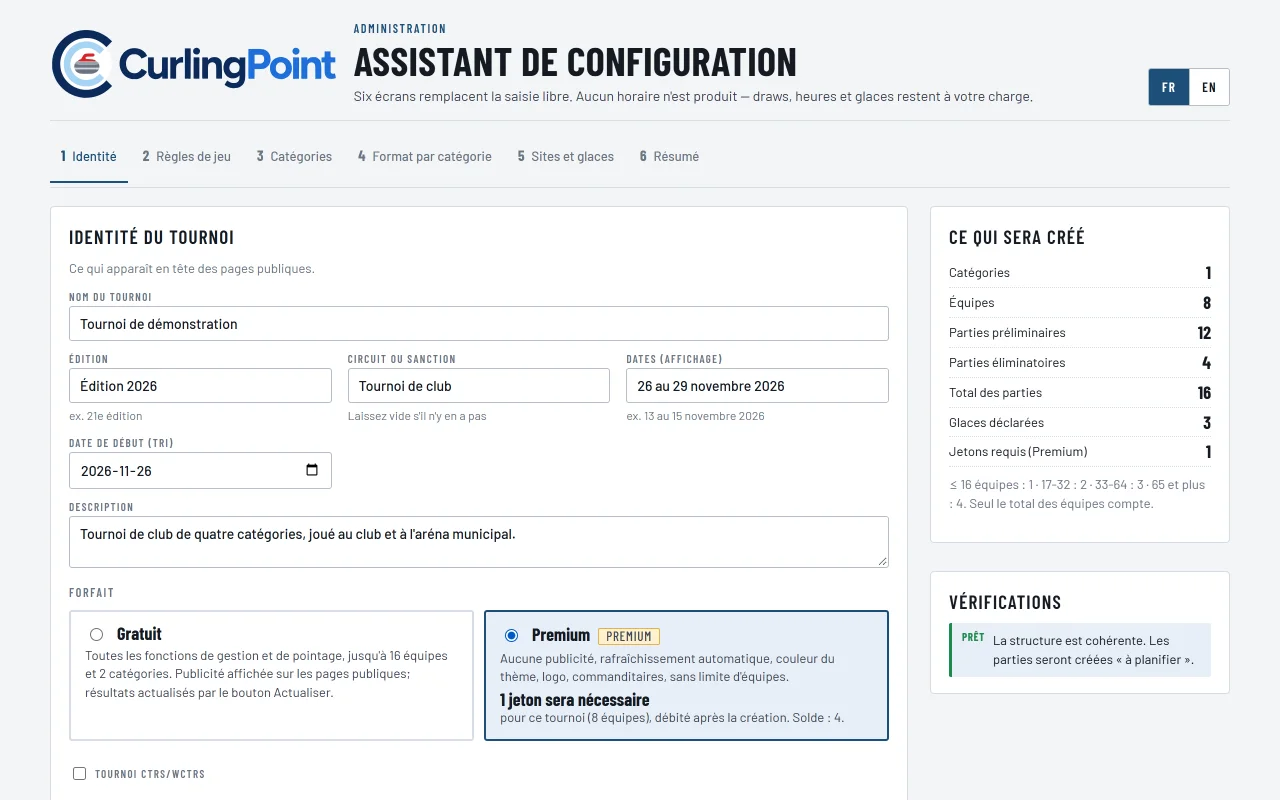 Assistant de configuration, écran Identité du tournoi avec le panneau Ce qui sera créé