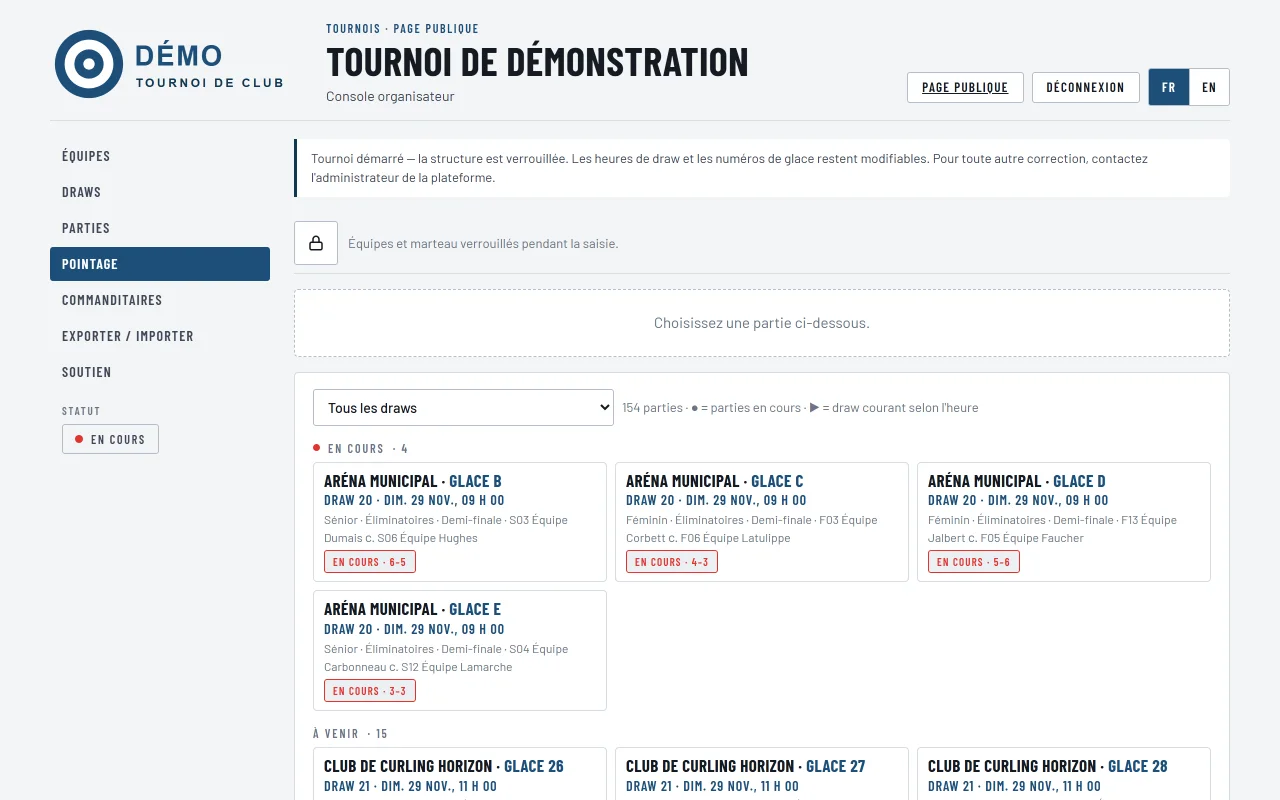 Console organisateur, section Pointage : parties en cours et à venir par glace