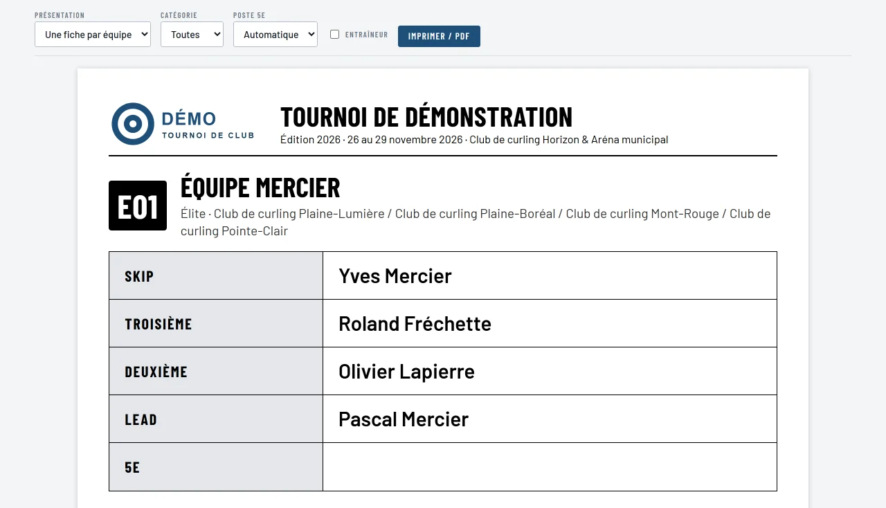 Page d'impression des équipes : une fiche par équipe avec le code, le nom et les quatre postes en gros caractères