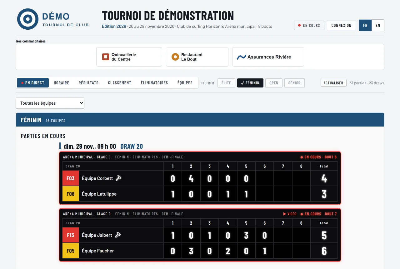 Page publique d'un tournoi : bandeau de commanditaires sous l'en-tête, onglet En direct avec des panneaux de pointage