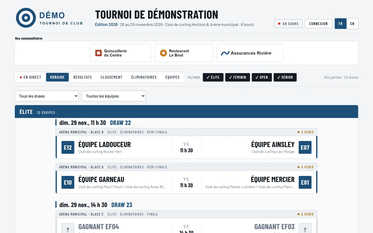 Onglet Horaire d'un tournoi, parties regroupées par draw